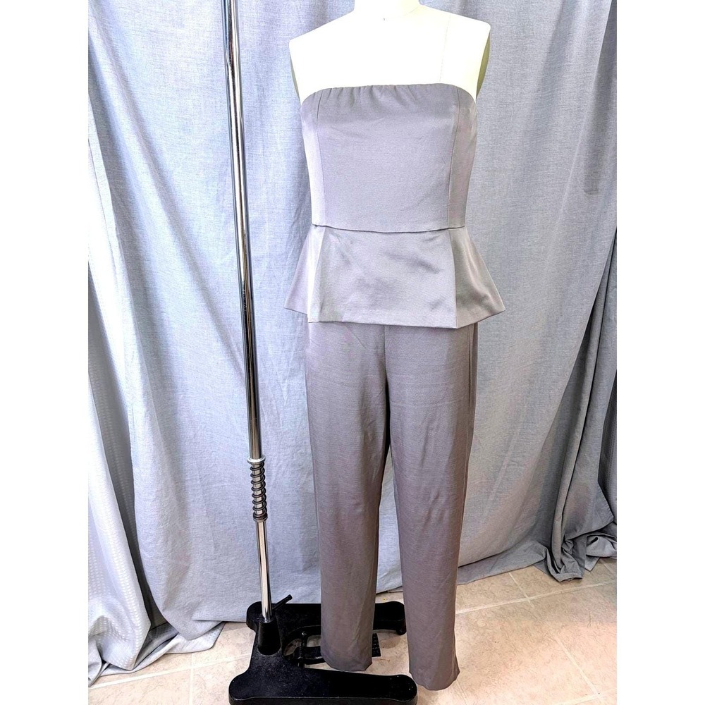 Vintage Spiegel‎ Gray Strapless Peplum Jumpsuit Satin Straight Leg Formal 14